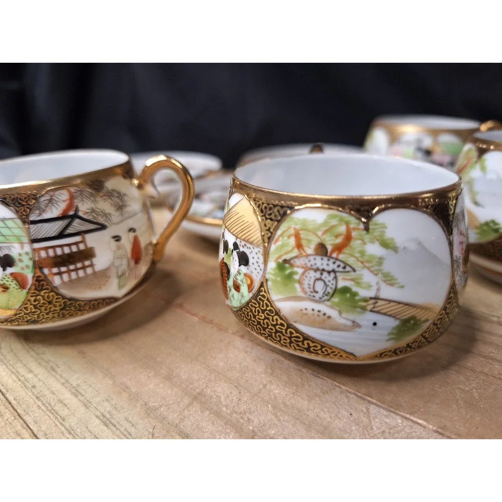 Antique Japanese Satsuma Eggshell‎ Porcelain Tea Cups & Saucers Set of 10 Geisha